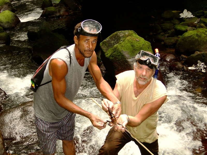 Fishing for crayfish in Dominica's interior.