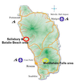 Map of Middleham Falls location on the island of Dominica.