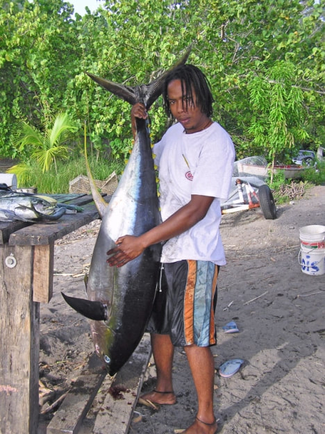 Nathanial Lovell with yellow-fin tuna, Batalie Beach, Dominica, photo by GGerman